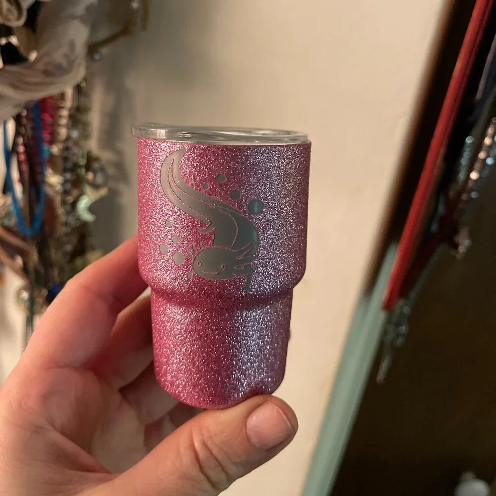 Pink sparkle axolotl Mini tumbler shot glass pink glitter with axolotl‎